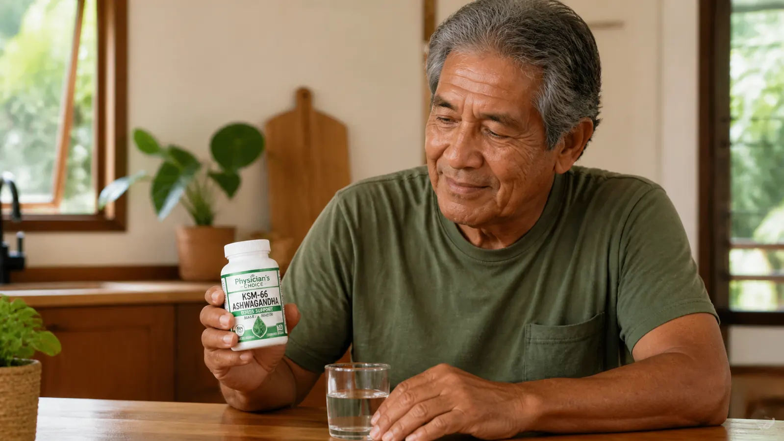 Hand holding a Physician's Choice ashwagandha capsule bottle near a glass of water on a kitchen counter