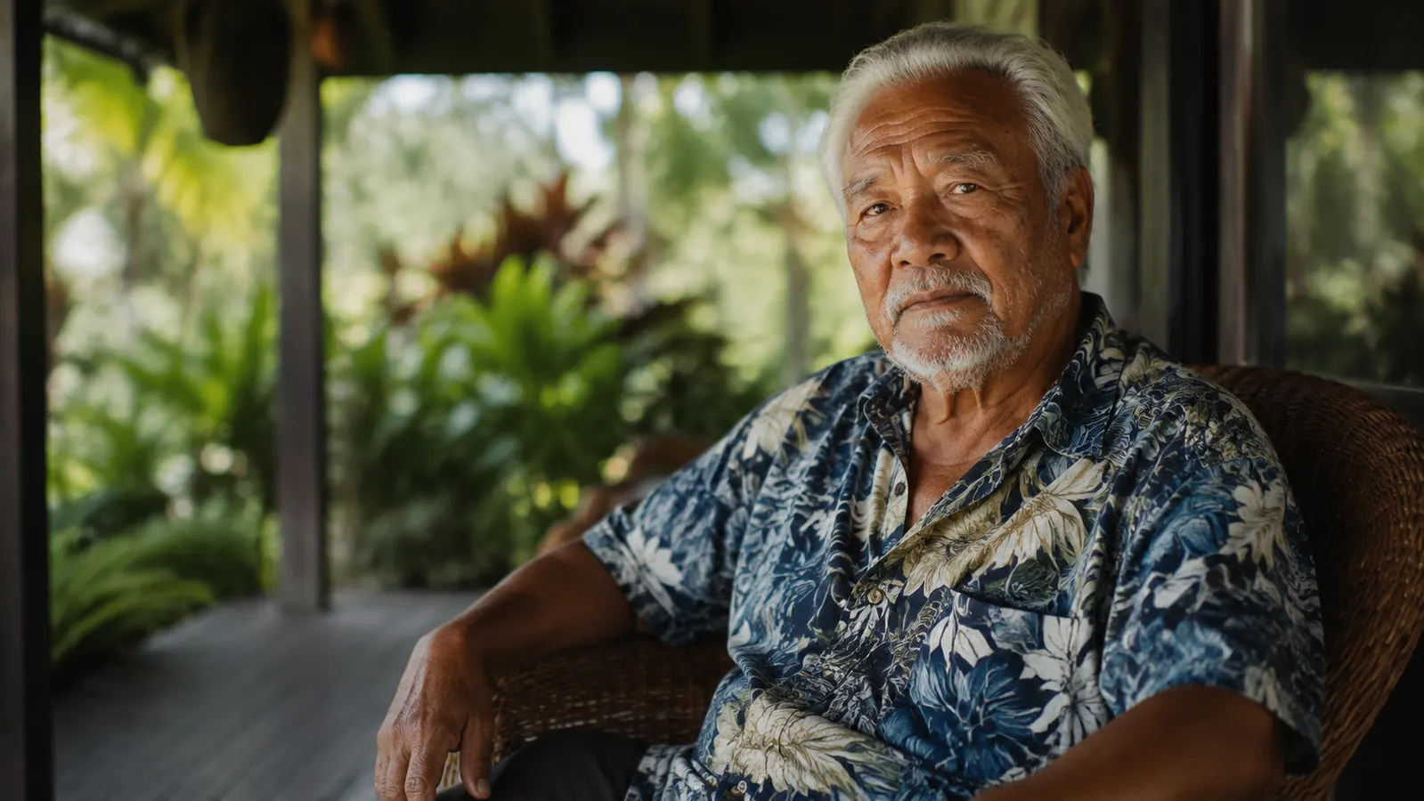 Older man sitting quietly on a lanai overlooking a garden in the early morning
