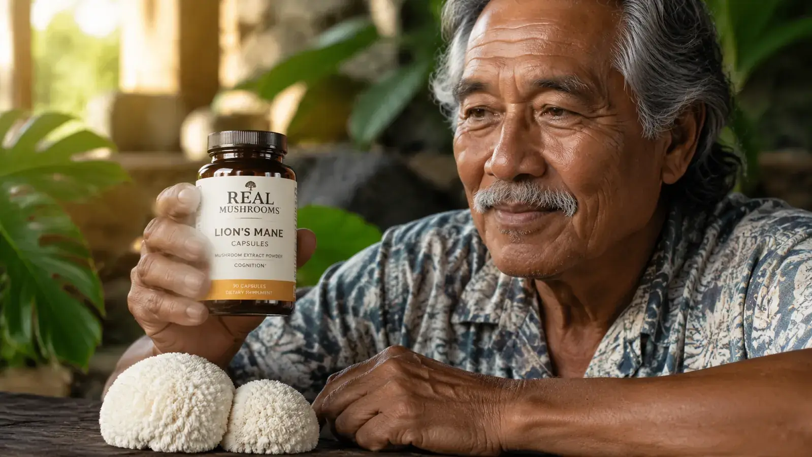 Hand holding Real Mushrooms Lion's Mane supplement bottle against a backdrop of fresh lion's mane mushrooms