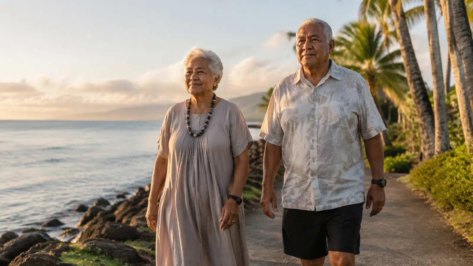 Older couple walking along a coastal path at sunrise, relaxed and alert