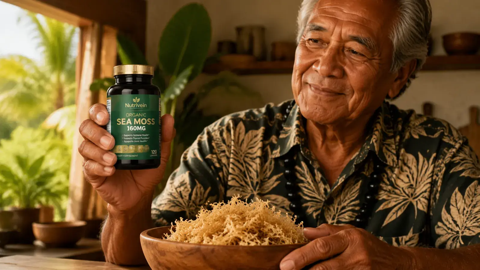 Hand holding a Nutrivein Sea Moss capsule bottle over a wooden bowl filled with dried sea moss