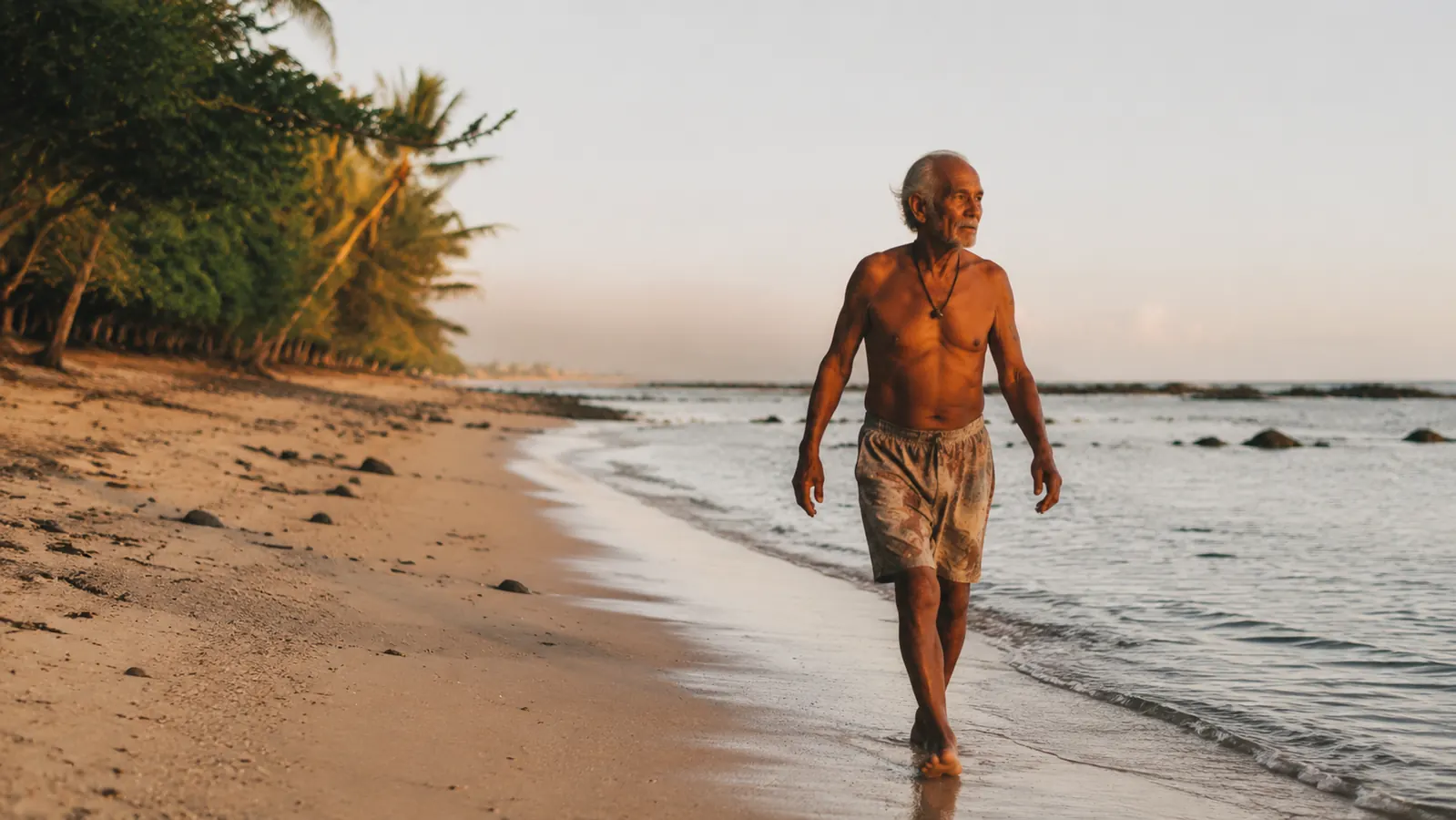 Older man walking barefoot along a quiet beach at sunrise, looking relaxed and grounded