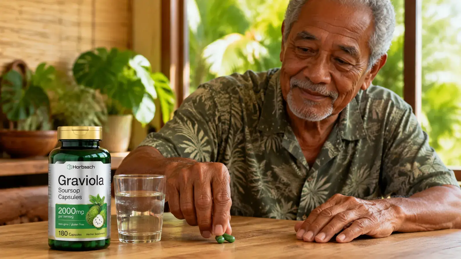 Hand holding two Horbaach Graviola capsules next to a glass of water on a wooden table