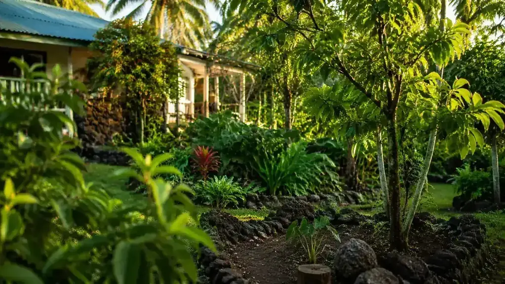 Traditional Hawaiian garden with soursop and other healing plants growing between lava rock borders
