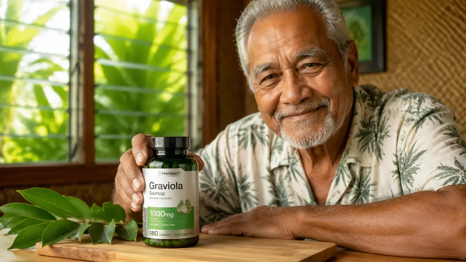 Close-up of fresh soursop leaves and the Horbaach Graviola supplement bottle on a wood surface