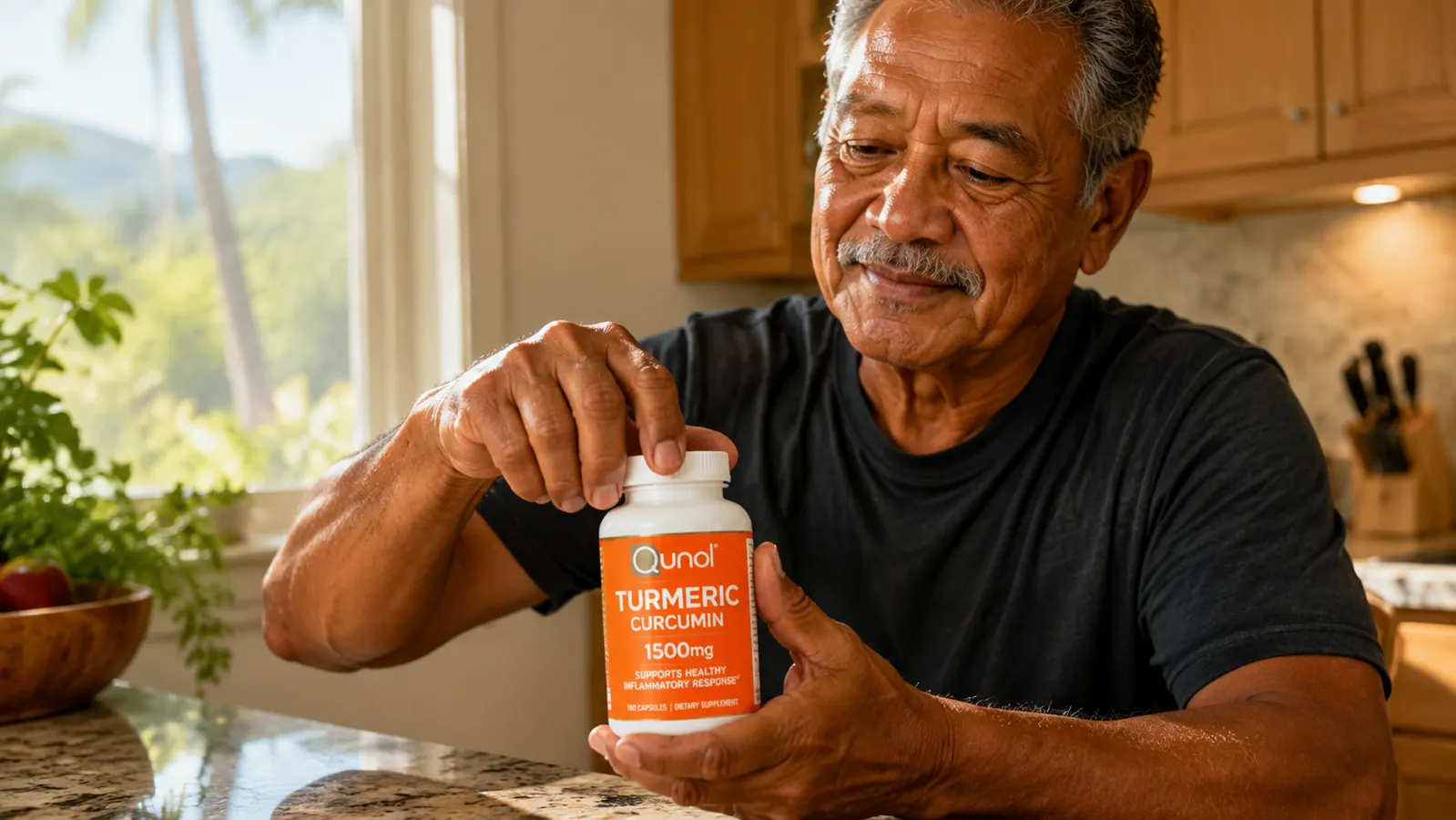 Person opening a bottle of Qunol Turmeric capsules on a kitchen counter beside a glass of water