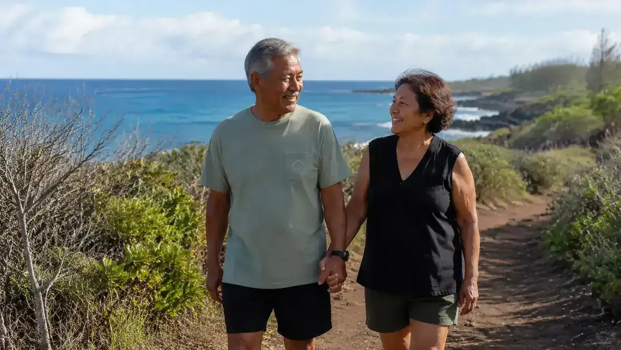 Elderly man and woman walking together on a coastal path with calm ocean visible in the background