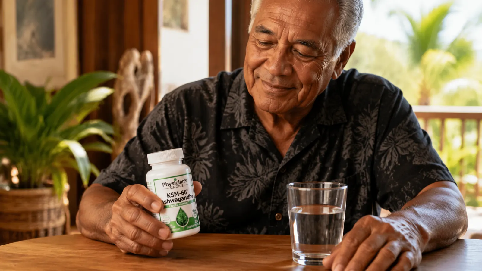 Hand holding a white capsule bottle of Physician's Choice KSM-66 Ashwagandha on a wooden table beside a glass of water