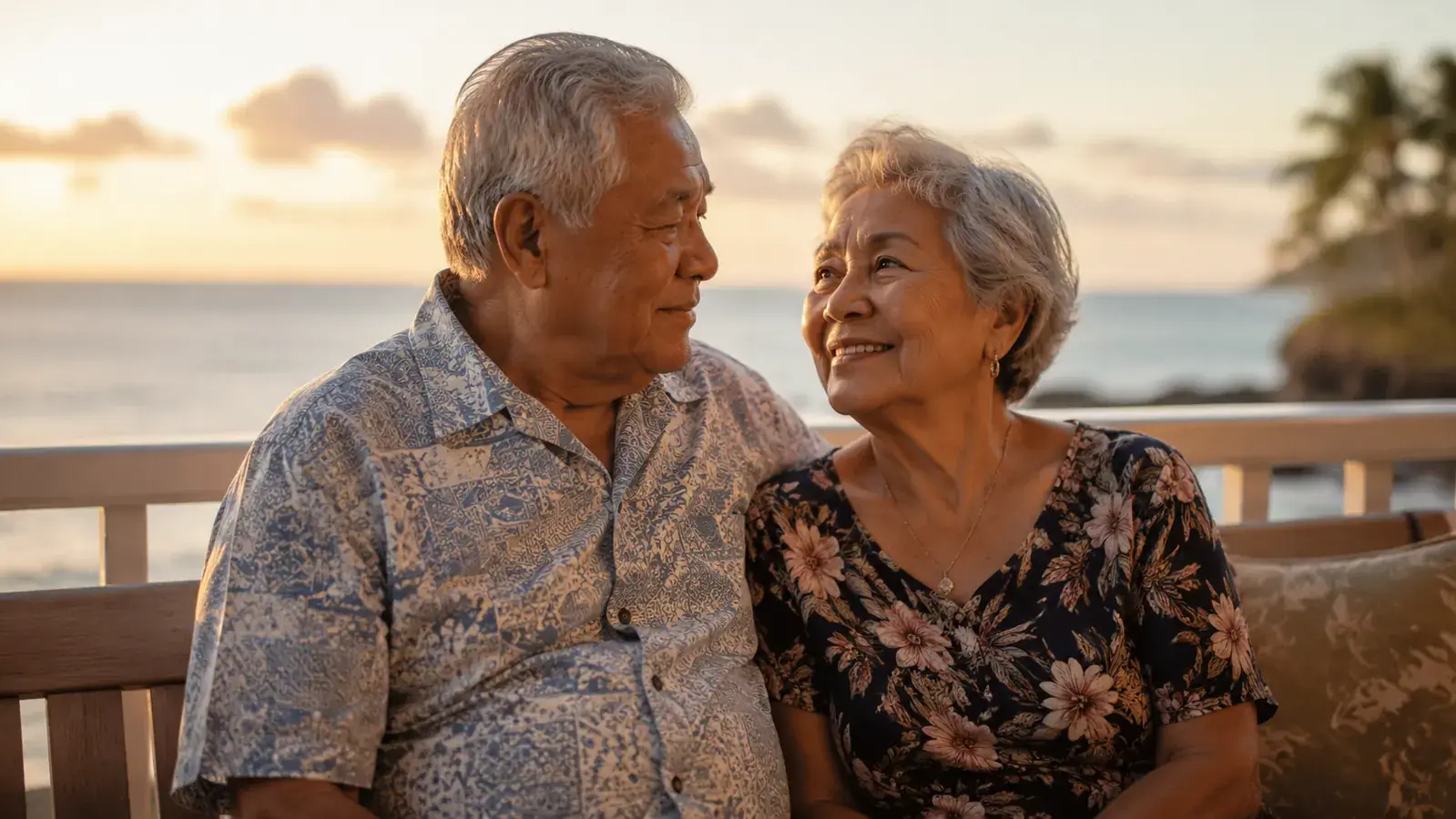 Elderly Hawaiian couple sitting together on a porch at sunset, relaxed and close