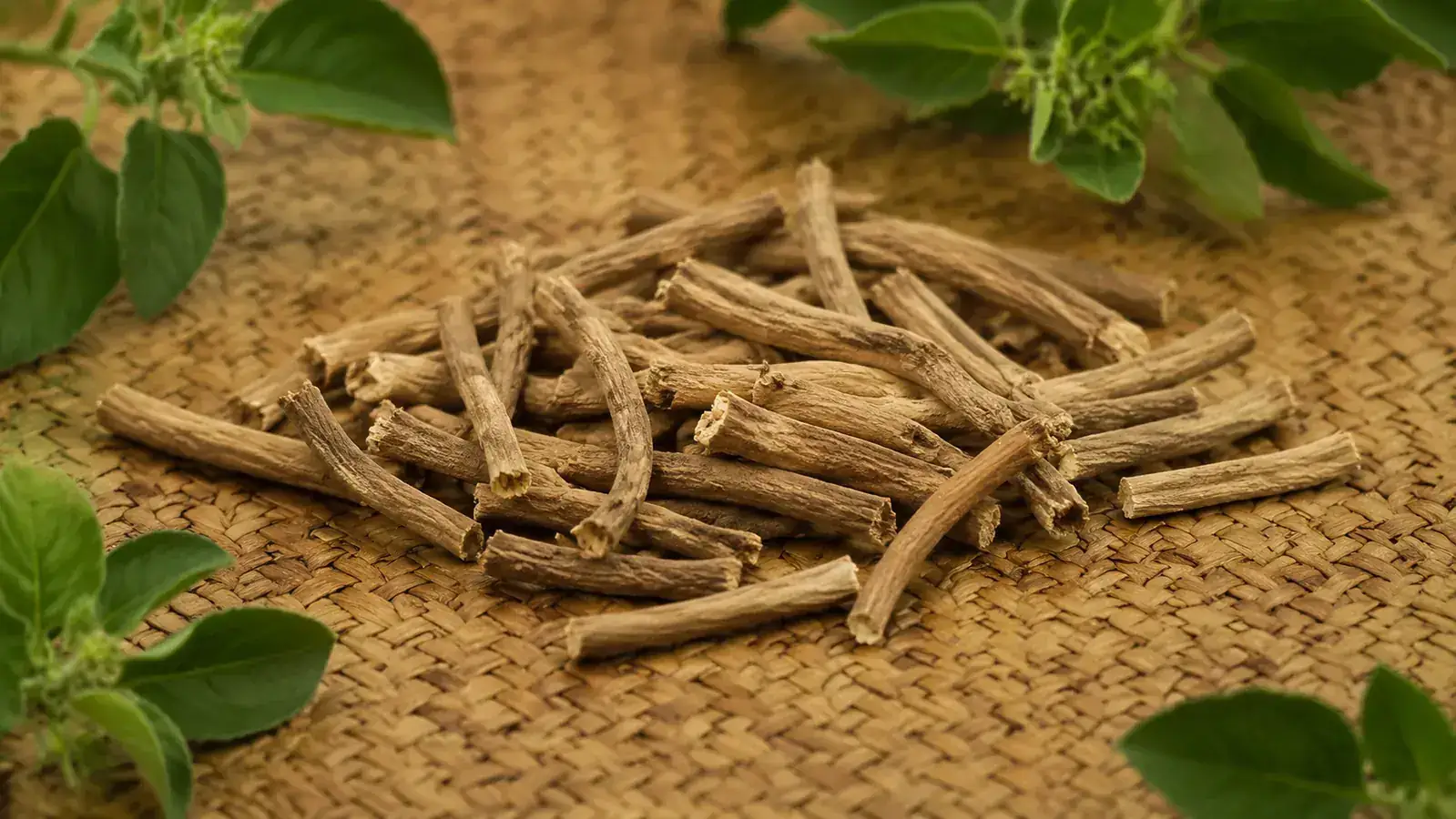 Close-up of dried ashwagandha root on a woven Hawaiian mat beside fresh green leaves