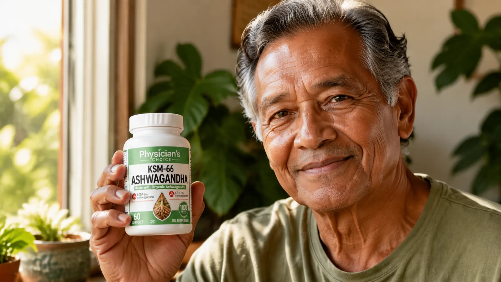 A hand holding a bottle of Physician's CHOICE Ashwagandha KSM-66 capsules near a window with soft green plants in the background