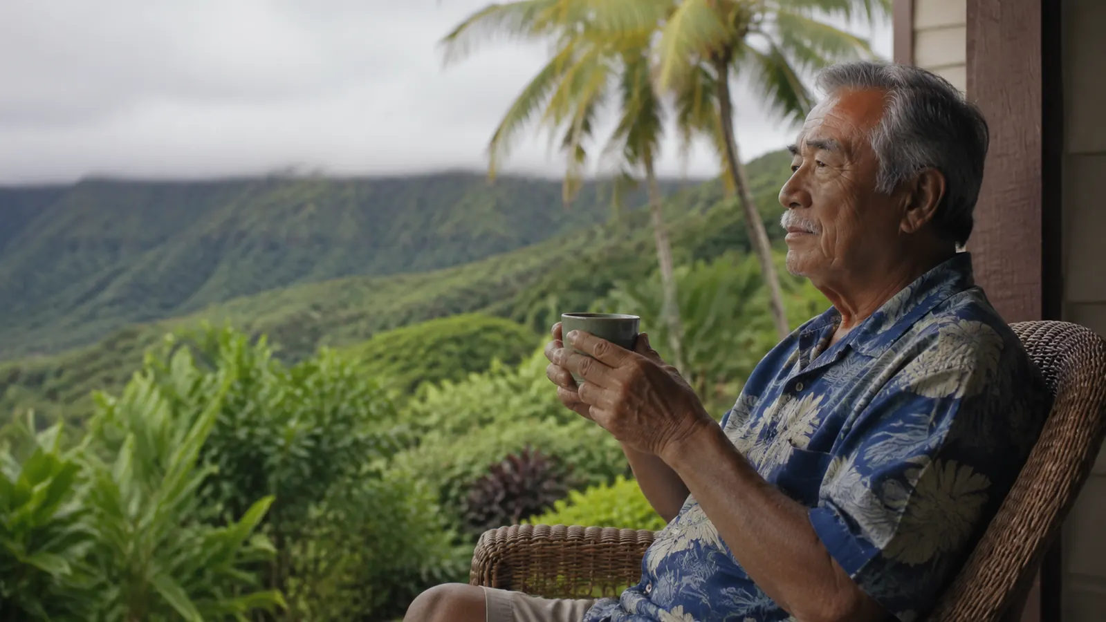An older man sitting peacefully on a lanai, hands wrapped around a warm cup of tea, looking out toward lush green hills