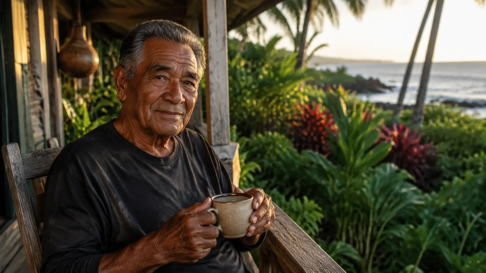A native Hawaiian elder on his lanai at morning, holding a small bottle of supplements with weathered hands, warm island light