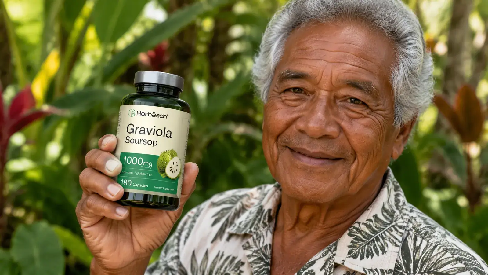Horbaach Graviola capsule bottle held in an older man's hand with a garden background