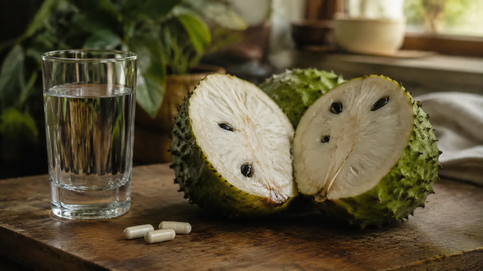 Soursop fruit cut open on a wooden board next to a glass of water and supplement capsules