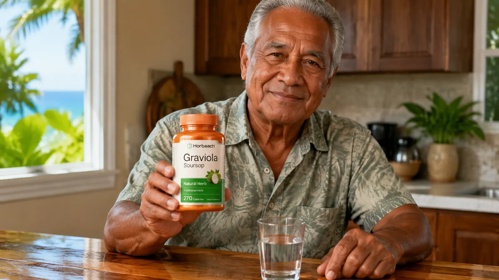 Hand holding a Horbaach Graviola capsule bottle next to a glass of water on a kitchen counter
