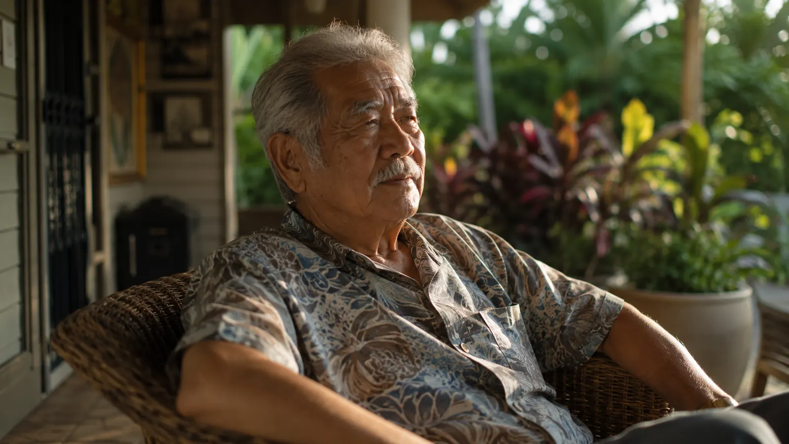 Older Hawaiian man sitting quietly on a lanai looking out at a garden in the late afternoon