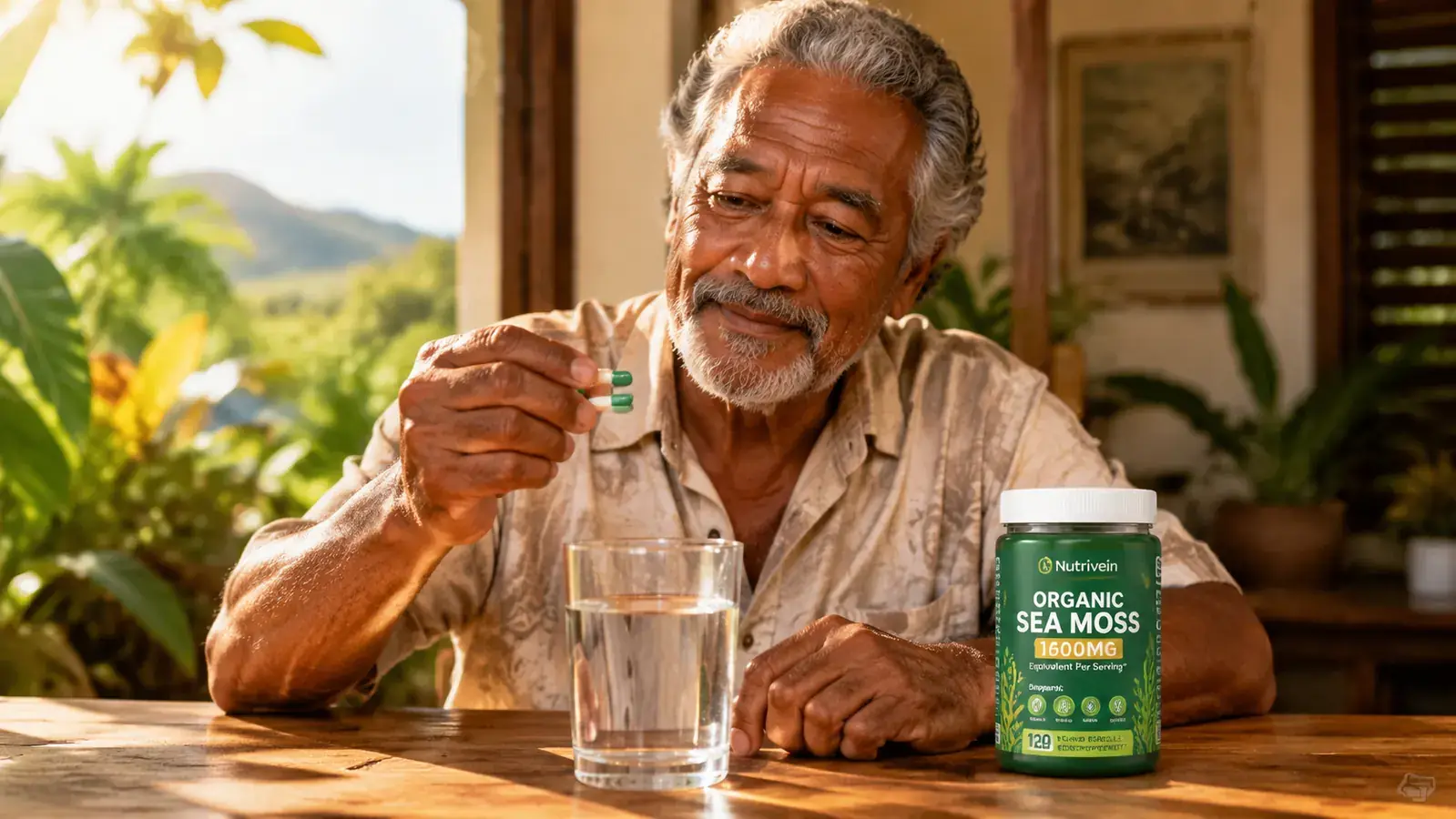 Close-up of a hand holding two Nutrivein sea moss capsules over a glass of water on a wooden table
