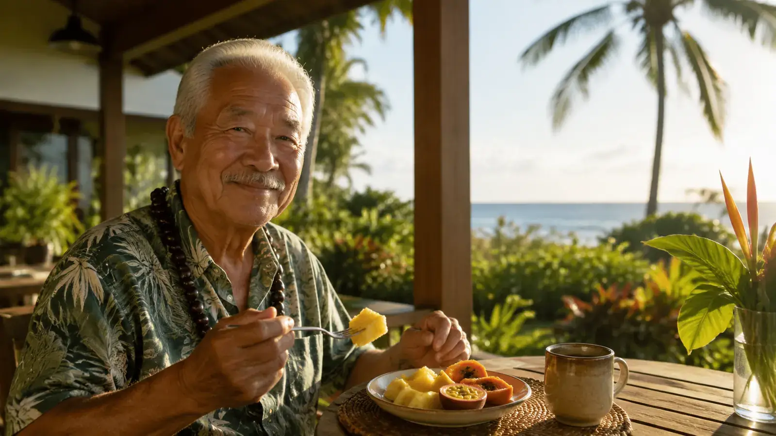Older man sitting on a lanai eating a bowl of fruit with morning light and ocean in the background
