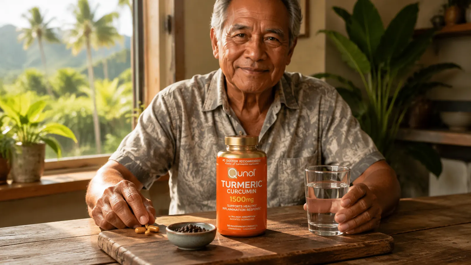 Two turmeric curcumin capsules resting on a wooden surface next to a glass of water and a small dish of black pepper