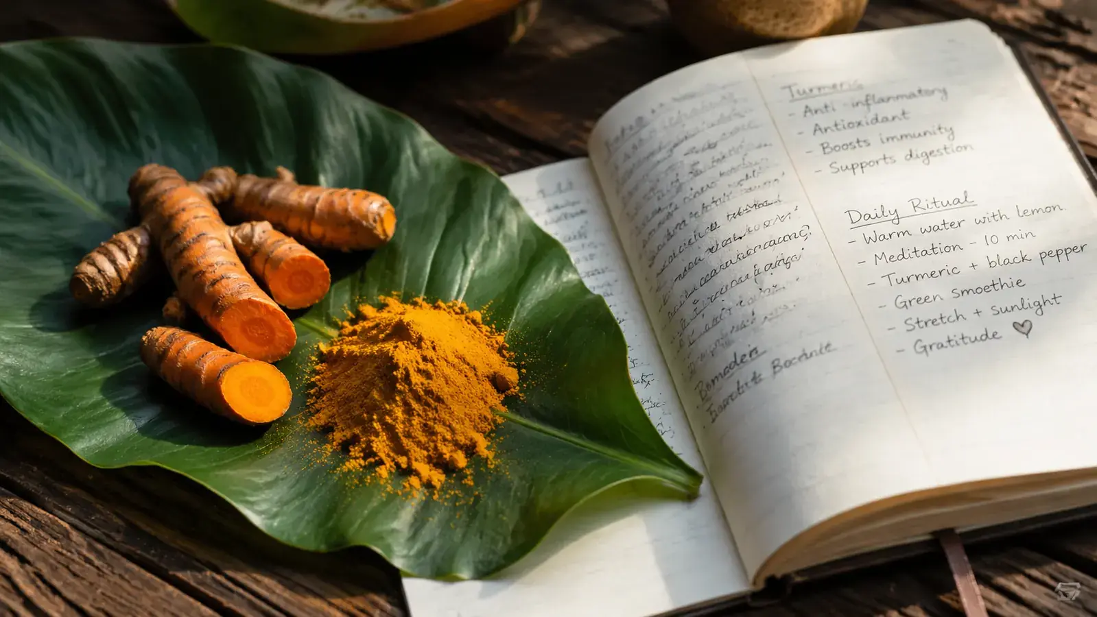 Turmeric root and powder arranged beside a journal with handwritten notes about supplement timing and dosage