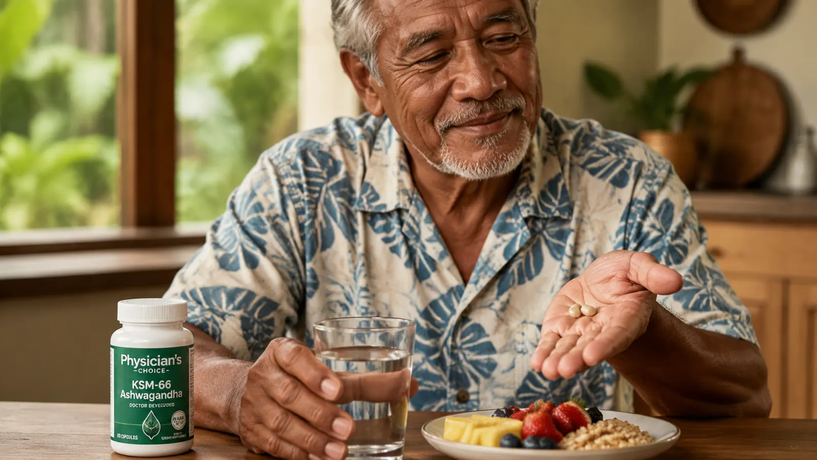 Hand holding two ashwagandha capsules over a glass of water with a meal in the background