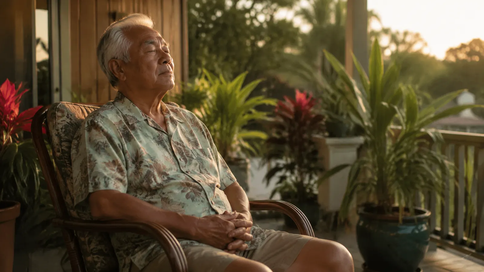 Person sitting outside in the evening doing slow breathing, surrounded by plants and fading light