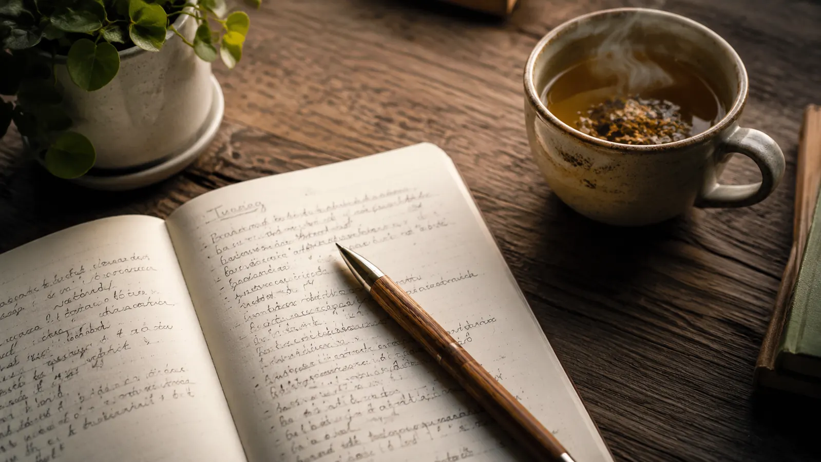 Open journal on a table next to a cup of tea, a pen resting across the page, quiet evening setting