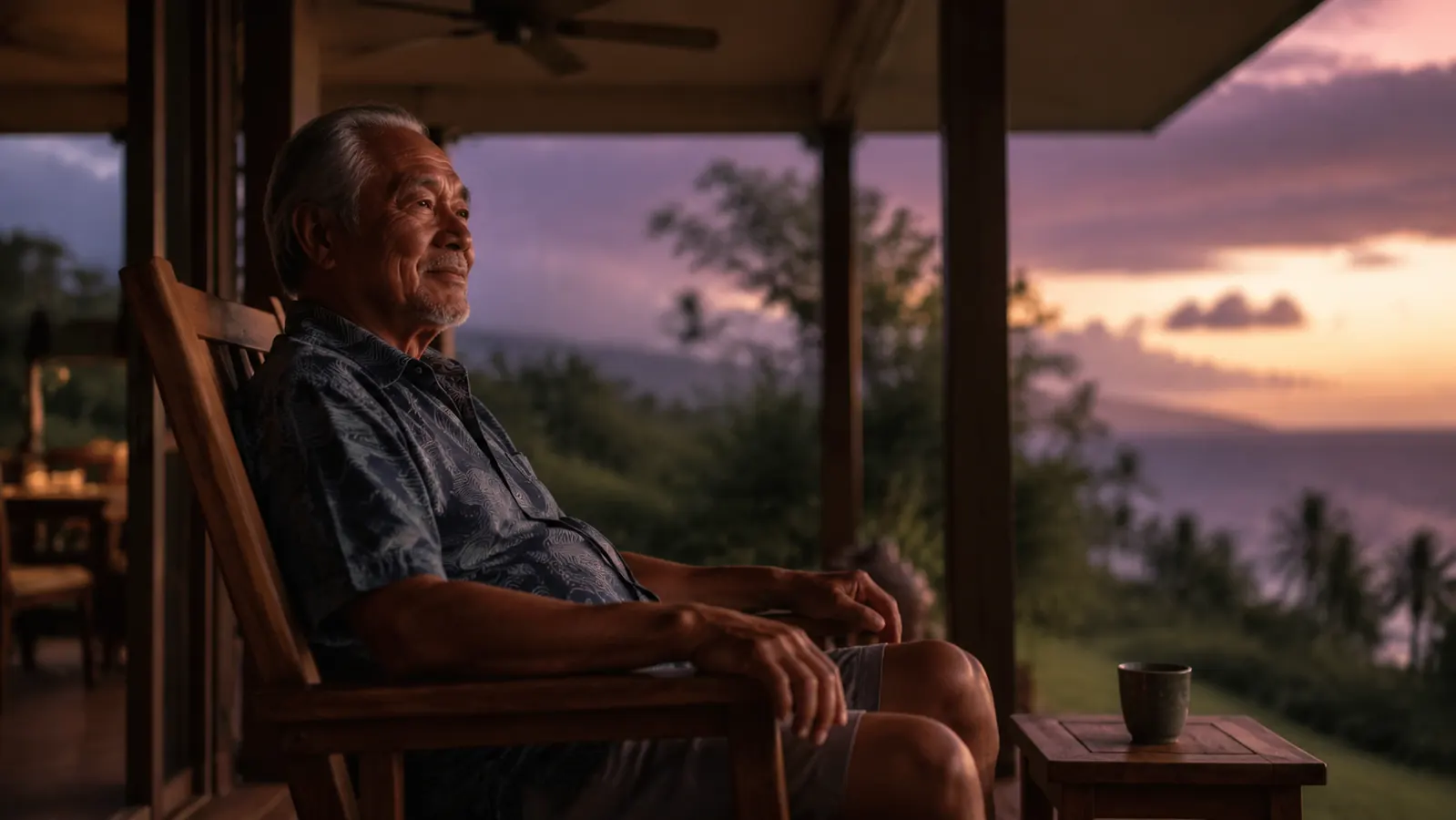 Older man sitting quietly on a lanai porch at dusk, a cup of herbal tea beside him, peaceful island setting
