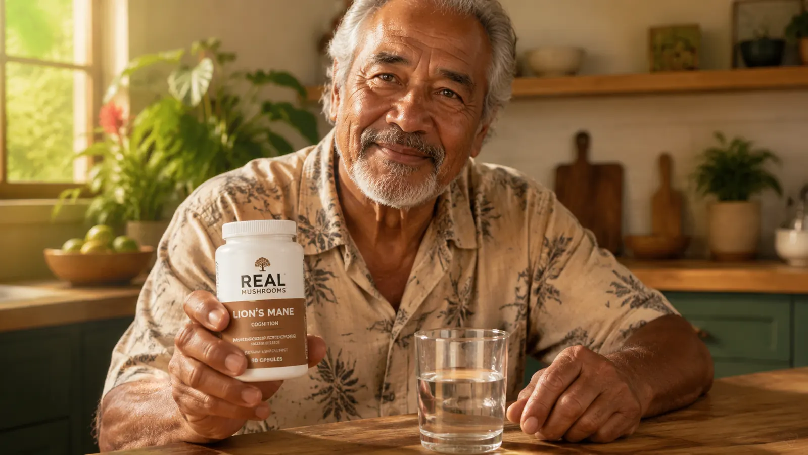 Close-up of a hand holding a Real Mushrooms Lion's Mane capsule bottle next to a glass of water on a wooden kitchen counter