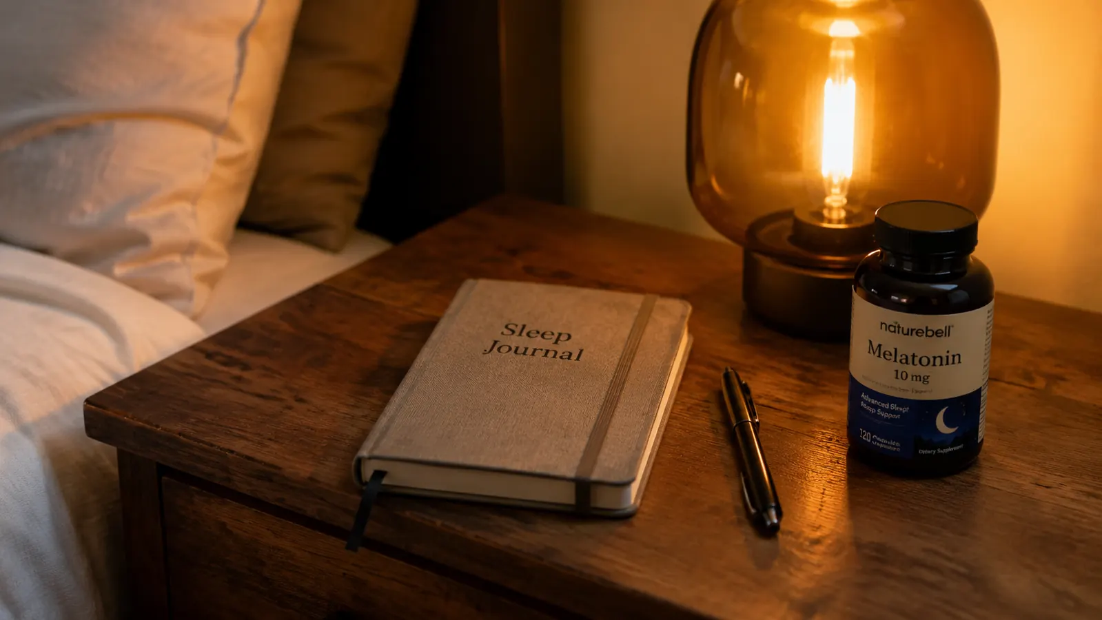 Wooden nightstand with a sleep journal, a pen, and a supplement bottle next to a dimly lit bedside lamp