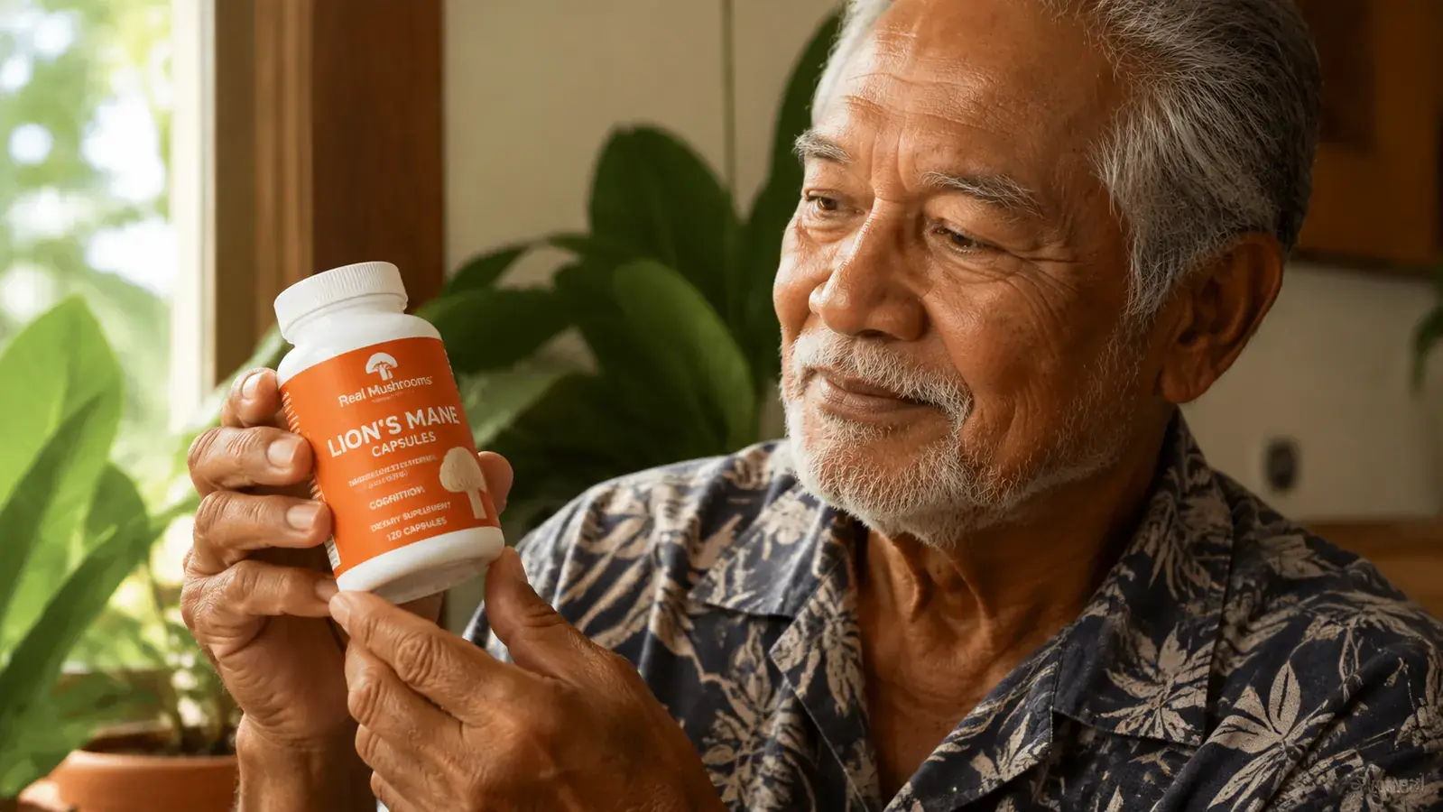 Real Mushrooms Lion's Mane capsule bottle being held in an older man's hand near a window with natural light