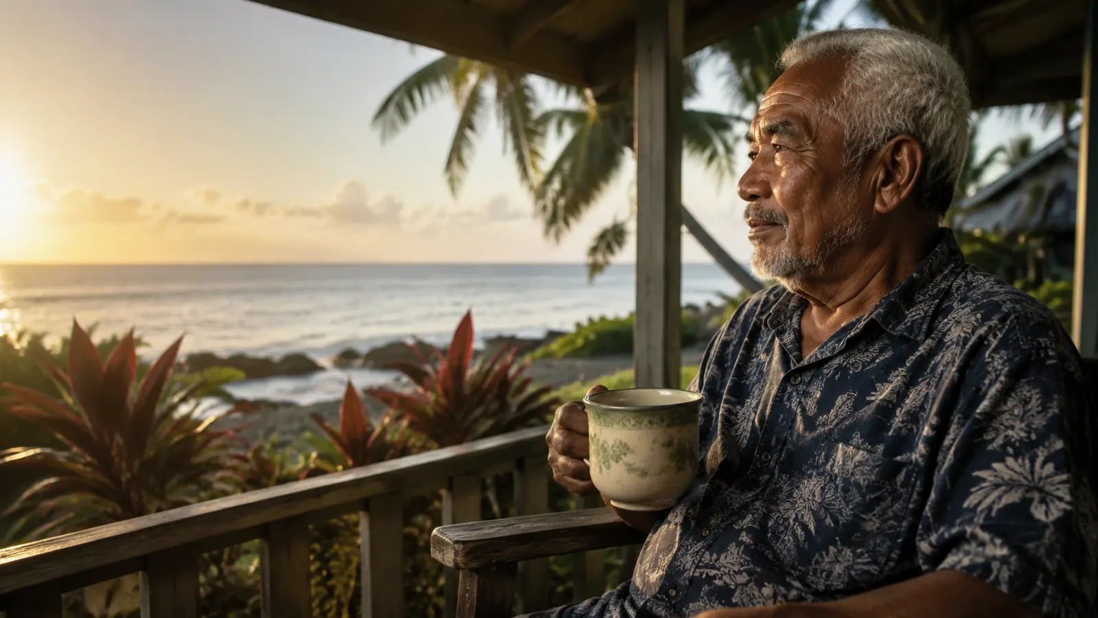 Older man sitting on a lanai in the early morning looking out toward the ocean, a cup of tea in hand, relaxed and present