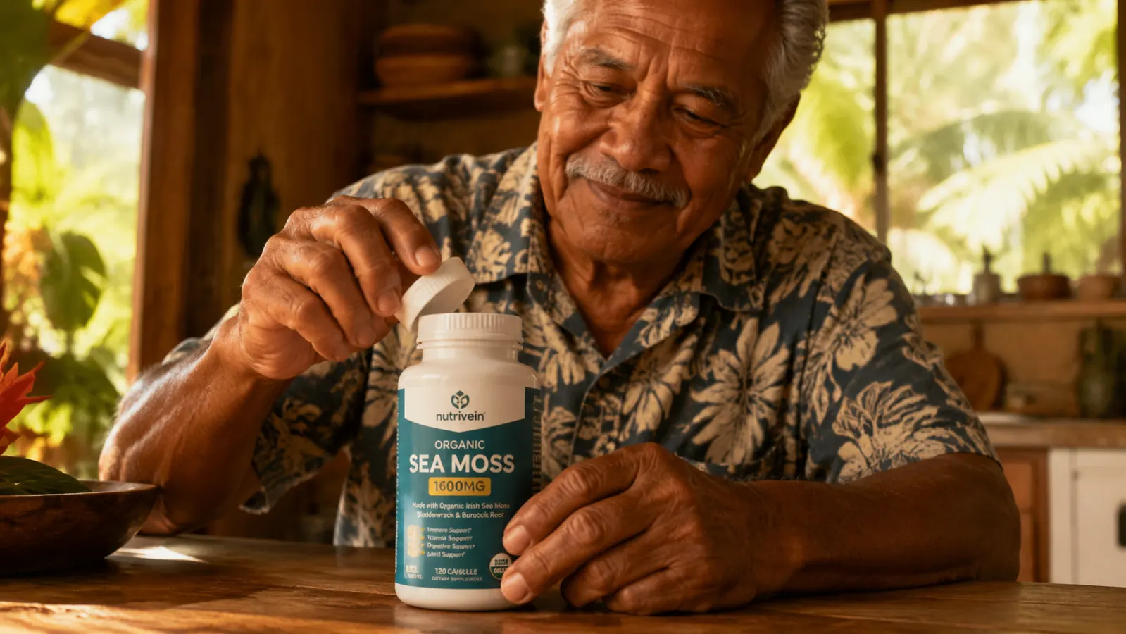 Nutrivein Sea Moss capsule bottle held open in a weathered hand over a wooden kitchen table
