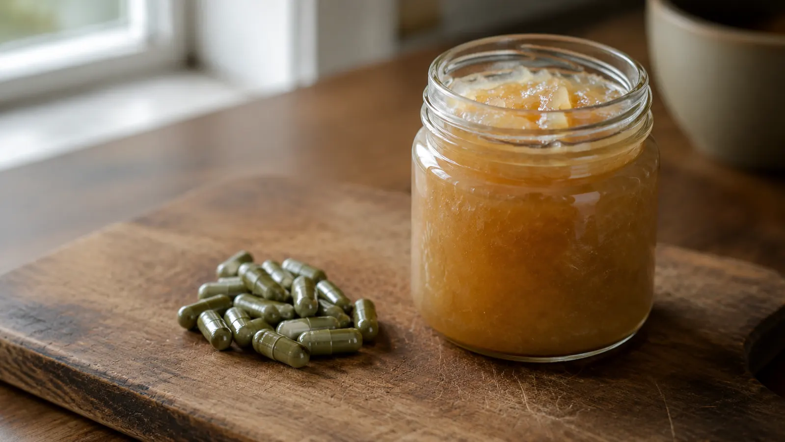 Fresh sea moss gel in a glass jar beside capsules on a wooden cutting board