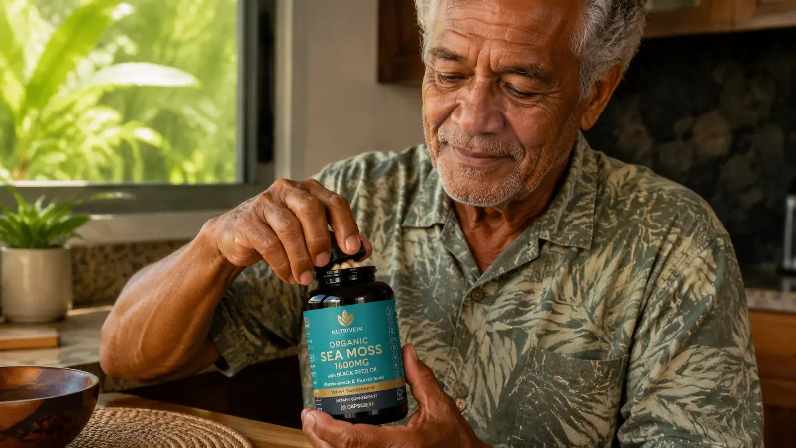 Hand holding an open bottle of Nutrivein Sea Moss capsules near a kitchen counter with a glass of water