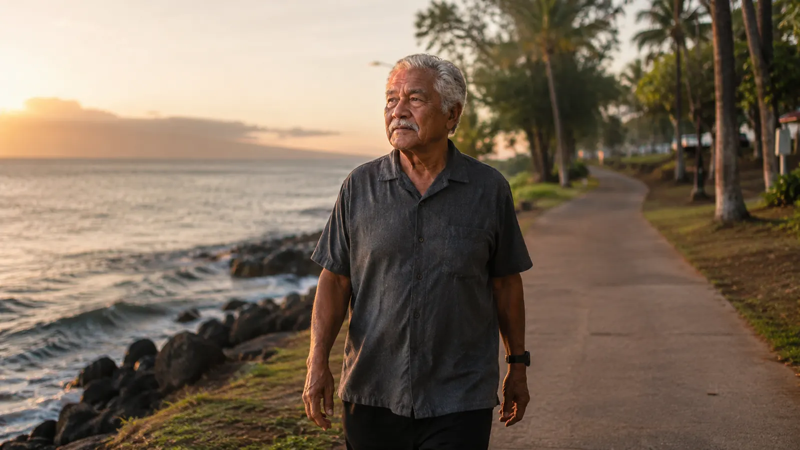 Elderly Pacific Islander man on an early morning walk along a seaside path, looking energetic and relaxed