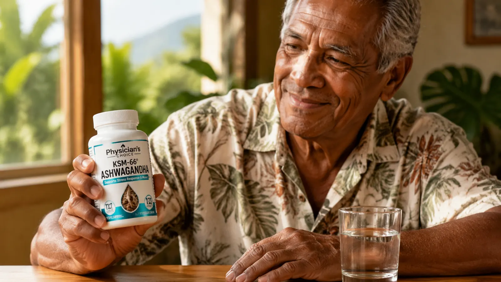 Hand holding a white and green Physician's Choice ashwagandha capsule bottle against a wooden surface with a glass of water nearby