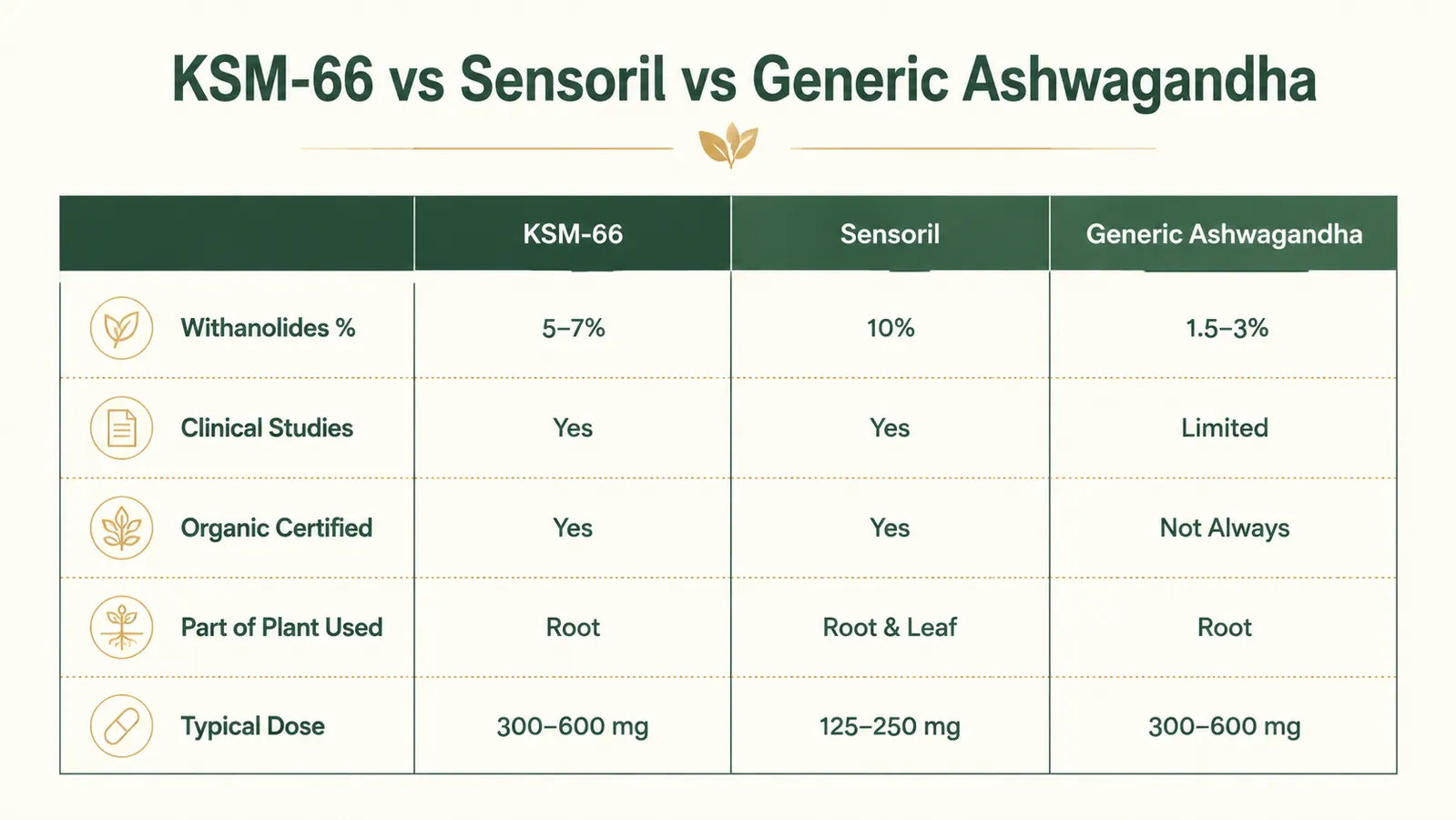 Simple comparison chart showing KSM-66 versus Sensoril versus generic ashwagandha root powder across withanolide percentage, clinical trials, and certifications