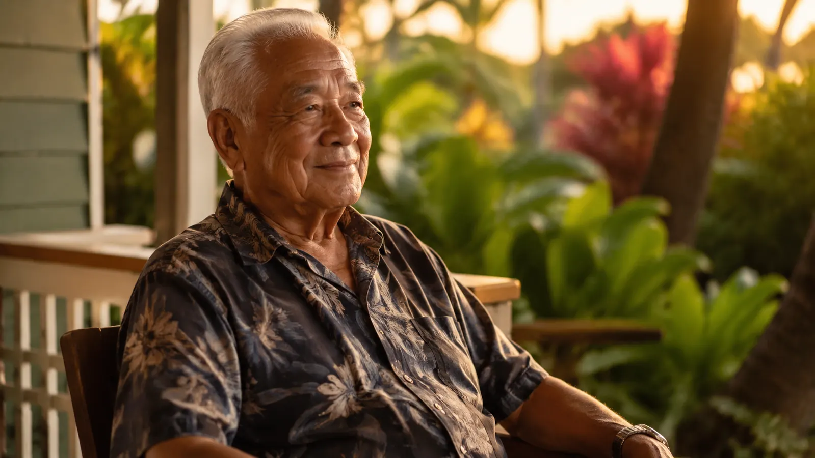 Older man sitting on a porch in the evening, relaxed posture, watching the sunset over tropical vegetation