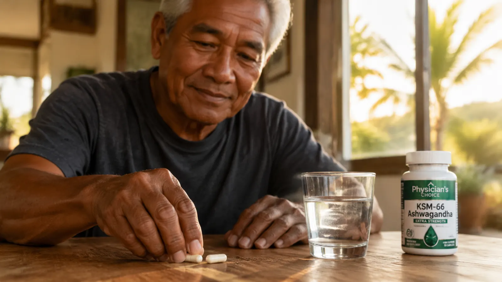 Close-up of a hand placing two white capsules next to a glass of water on a wooden kitchen table at dawn