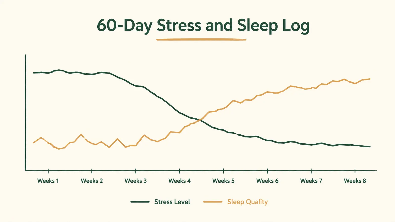 Simple line chart showing stress and sleep quality scores tracked over 60 days, starting choppy then smoothing after week three