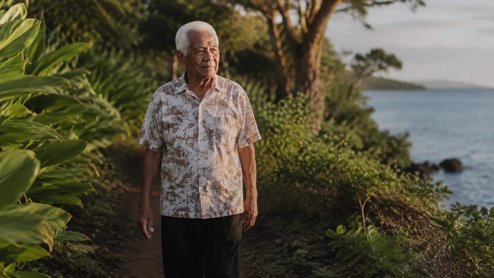 Hawaiian elder walking a quiet coastal path in the late afternoon, posture relaxed, unhurried