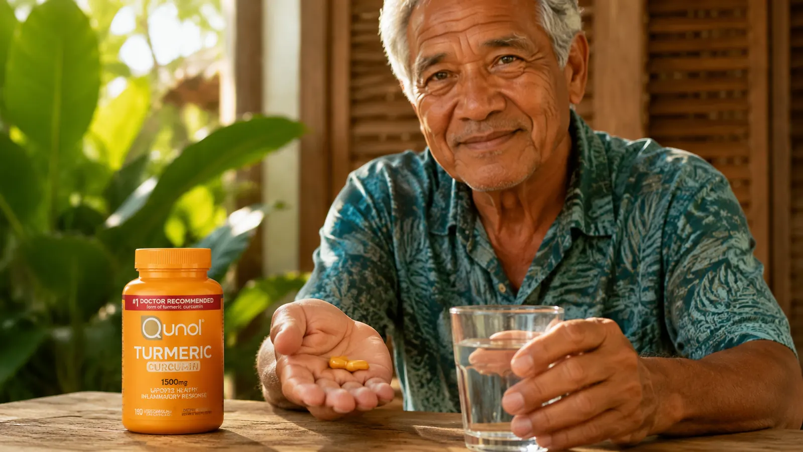 Hand placing two golden turmeric capsules onto a wooden surface next to a glass of water and a small potted plant
