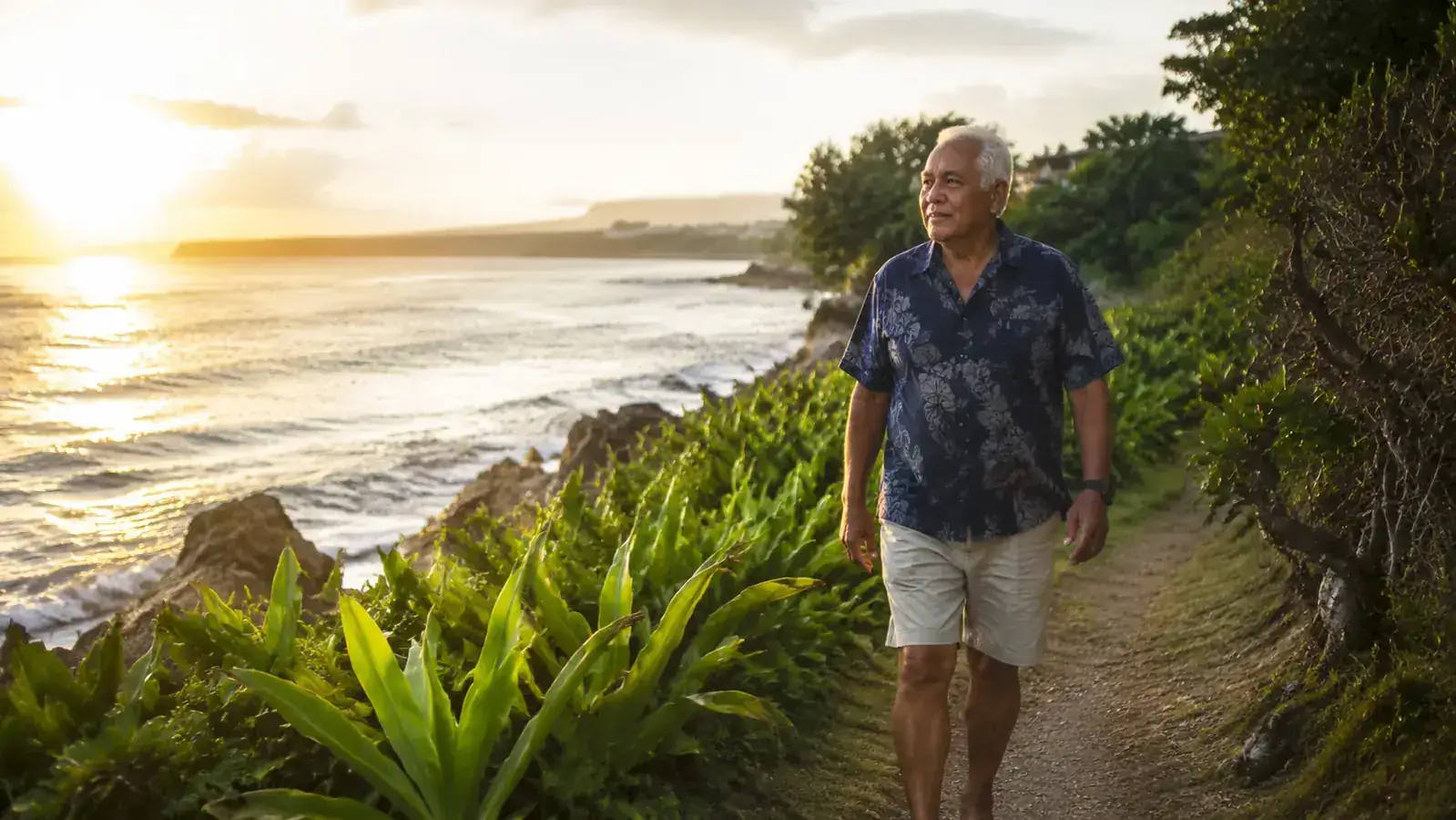 Older man walking slowly along a coastal path lined with ti plants, early morning light on the water