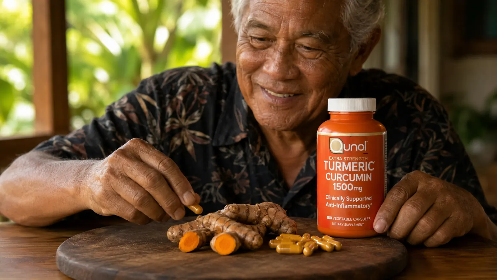 Close-up of turmeric root and capsules on a natural wood surface beside a small ceramic bowl, warm natural light