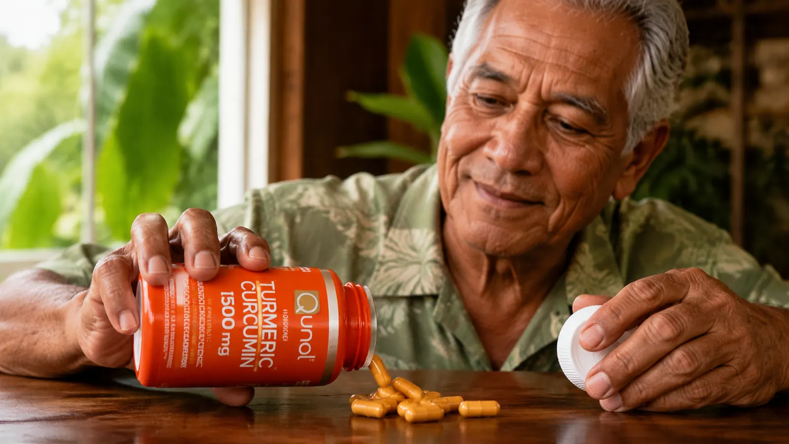 Close-up of turmeric curcumin capsules spilling from an open bottle onto a dark wooden surface, natural light