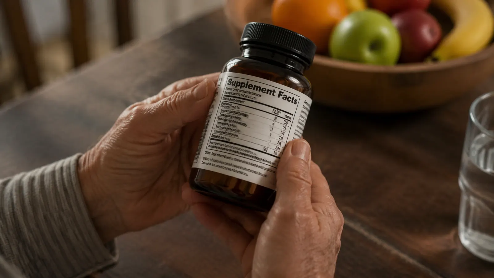 Older person reviewing supplement facts panel on a product bottle under kitchen light