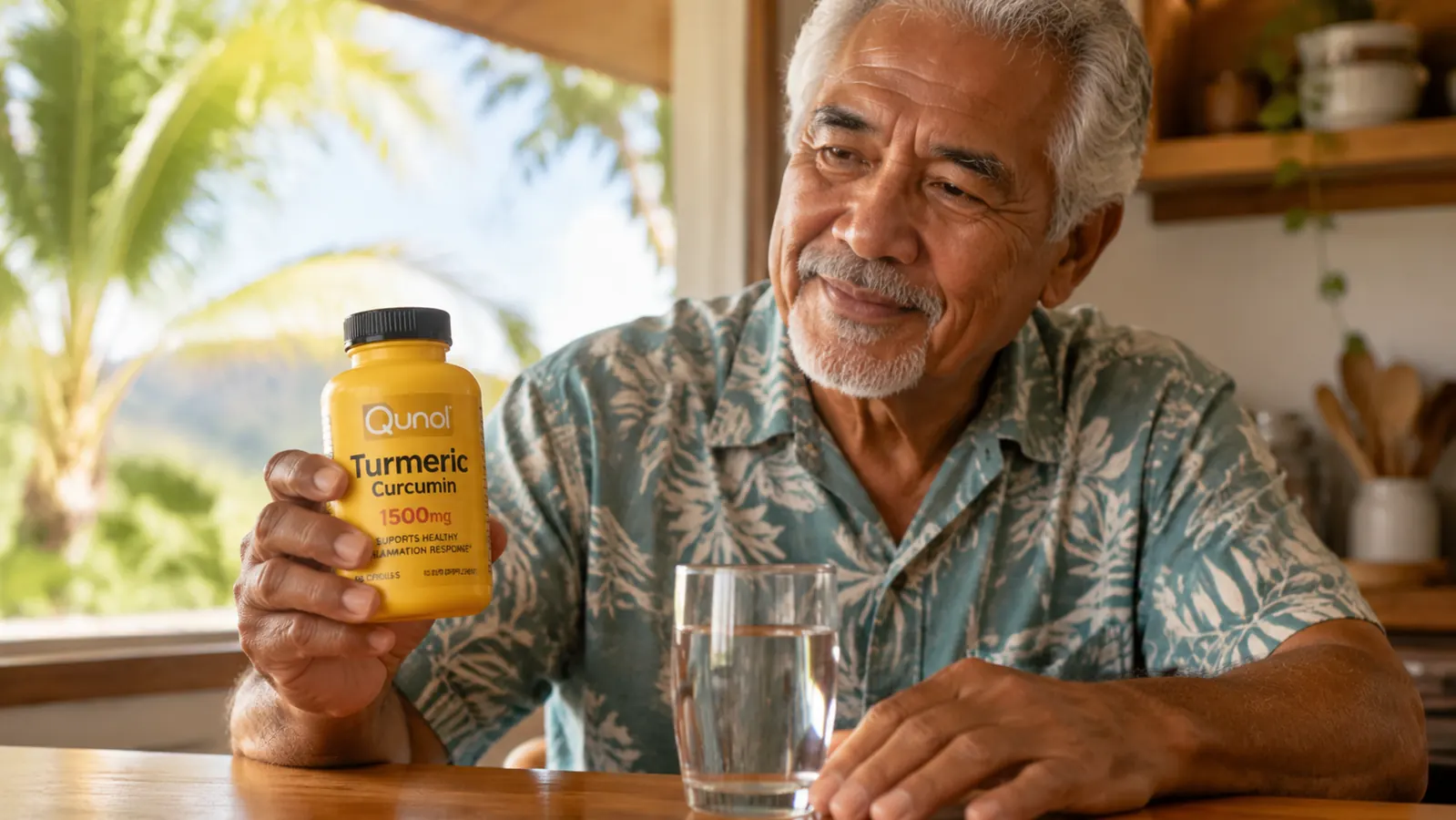 Hand holding a bottle of Qunol Turmeric Curcumin capsules near a kitchen counter with a glass of water