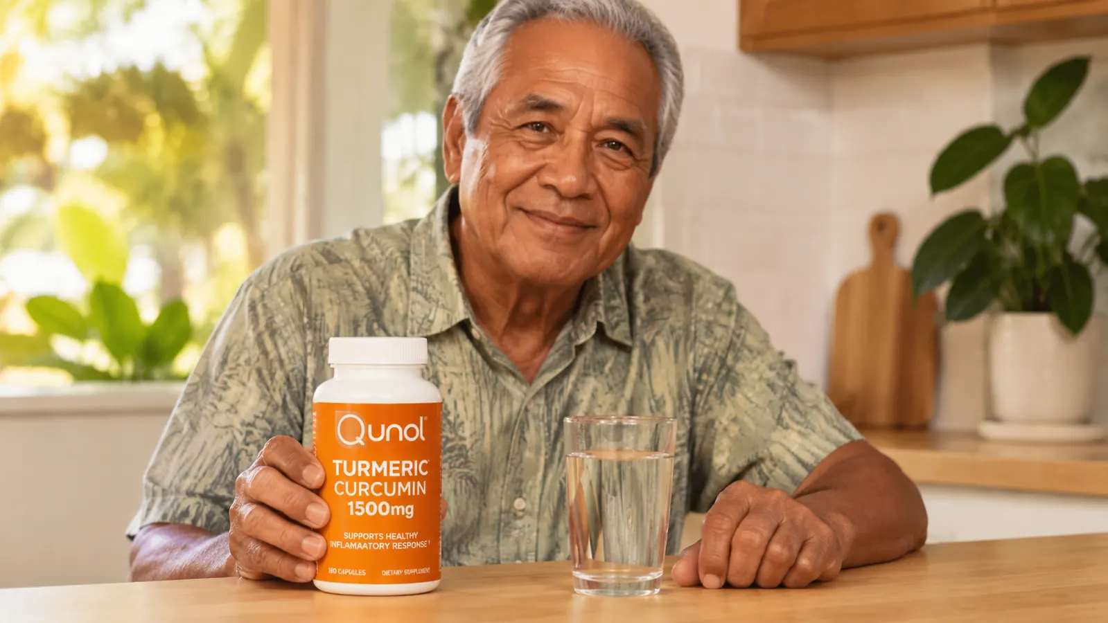Hand holding a Qunol Turmeric Curcumin capsule bottle with a glass of water on a kitchen counter
